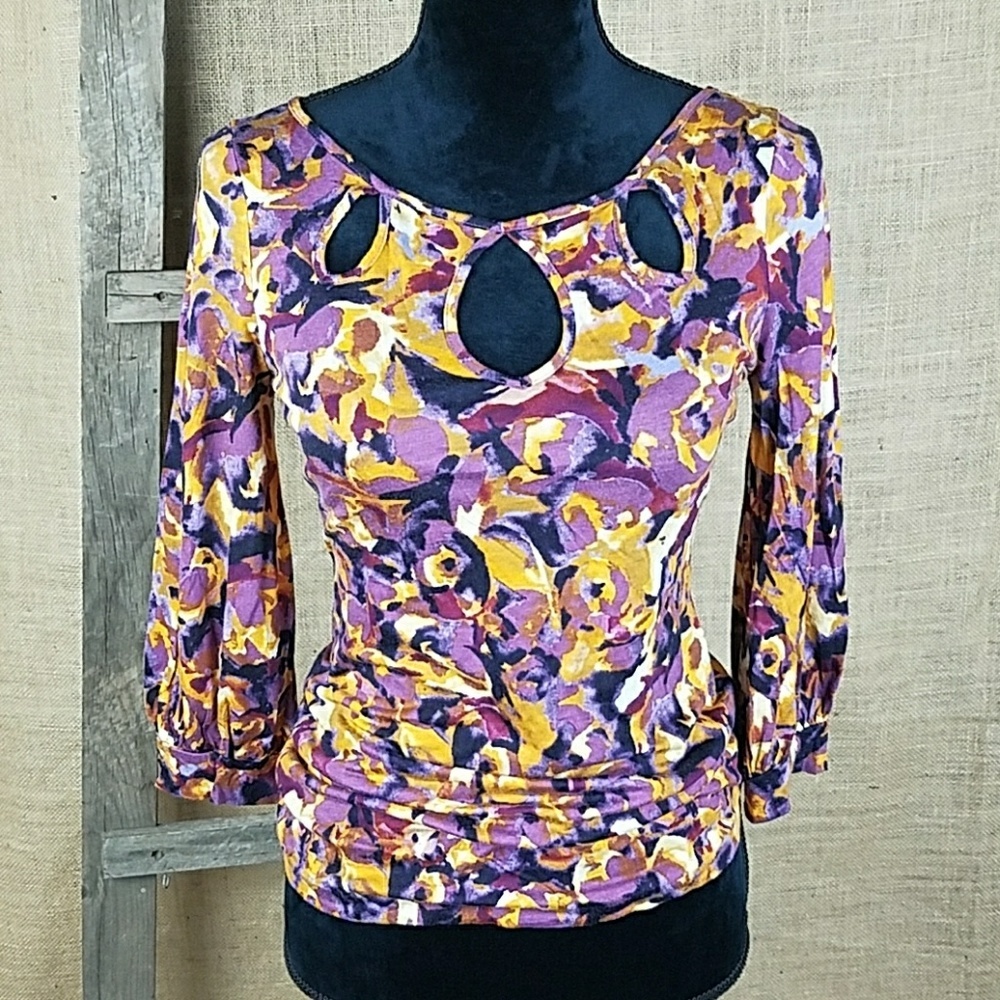 Anthropologie Postmark women S floral cutout shirt keyhole scoop wool blend boho